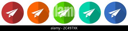 Papier Flugzeug Icon set, fliegen, Flug, Flugzeug, rot, blau, grün und orange flaches Design Web-Tasten isoliert auf weißem Hintergrund, Vektor-Illustration Stock Vektor