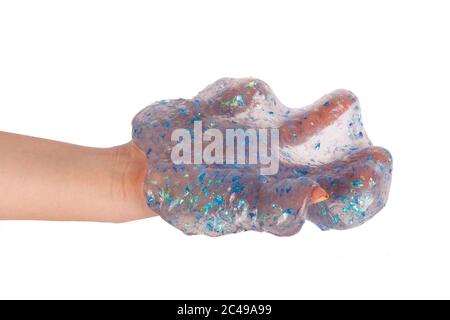 Hand hält einen Schleim isoliert auf weißem Hintergrund Stockfoto