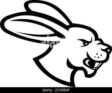 Schwarz-weiße Illustration des Kopfes eines wütenden Hasen, Jackrabbit oder Kaninchen von der Seite auf isoliertem Hintergrund im Retro-Stil betrachtet. Stock Vektor