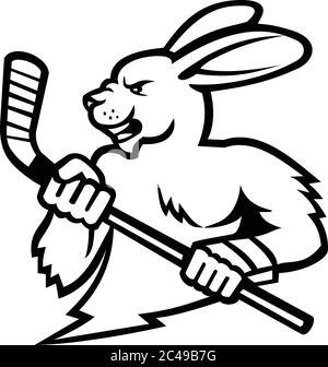 Schwarz-weiße Abbildung des Kopfes eines Hasen, Jackrabbit oder Kaninchen Eishockey-Spieler hält einen Eishockey-Stick von der Seite auf isolierten backgr Stock Vektor