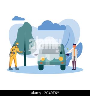 Mann mit Schutzanzug Sprühen Auto und männlichen Arzt Design, Desinfektion Service und saubere Thema Vektor-Illustration Stock Vektor