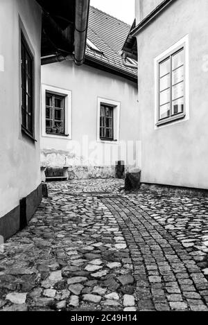 Enge gepflasterte alte Straße mit malerischen bunten Häusern, mittelalterliche Altstadt von Tabor, Tschechische Republik. Schwarzweiß-Bild. Stockfoto