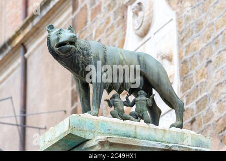 Kapitolinische Wolf, italienisch: Lupa Capitolina - Bronzeskulptur der Wolfskurfen Romulus und Remus, Kapitolinische Hügel, Rom, Italien. Stockfoto