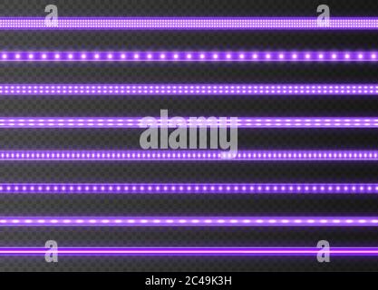 Lila LED-Streifen-Kollektion, helle leuchtende Bänder auf einem transparenten Hintergrund isoliert. Realistische Neon Girlanden. Stock Vektor