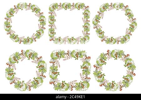 Schöne Einladungskollektion mit grünen Blättern und rotem Beerenkranz für die Feier-Dekoration. Vektor floralen Kreis, Quadrat, pentagon-Rahmen. Stock Vektor