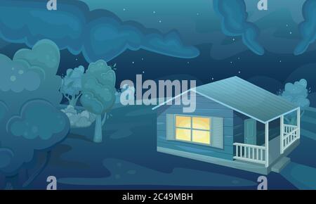 Landschaft eines Sommerfeldes mit einem Landhaus in der Nacht. Natürliche Landschaft. Landwirtschaftliche Felder. Landwirtschaft, Landwirtschaft. Stock Vektor