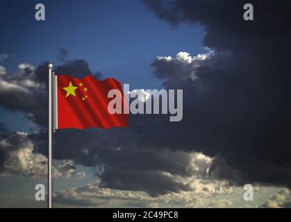 Flagge Chinas auf einem Stock, dunkle Wolken im Hintergrund, 3D-Illustration Stockfoto