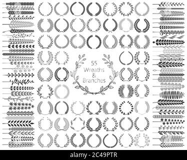 Set mit 55 Kränzen und Ästen. Vektorgrafik. Kranzkollektion. Stock Vektor