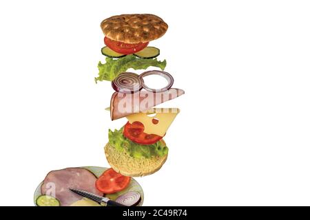 Nahaufnahme des hausgemachten Sandwiches mit fliegenden Zutaten isoliert auf weißem Hintergrund. Stockfoto