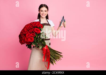 Foto von attraktiven floral Shop Assistentin Dame fröhliche Stimmung halten hundert Rosen Bündel zeigen, wie man endet mit Scheren tragen Schürze T-Shirt isoliert geschnitten Stockfoto
