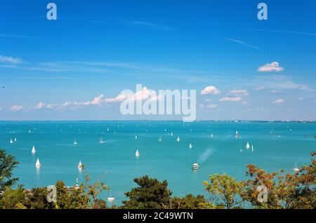 Blick auf den Plattensee mit vielen Schiffen aus Tihany Dorf in Ungarn Stockfoto