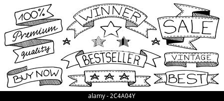 Doodle Banner, Fahnen, Bänder und Tags Set, handgezeichnet mit dünnen Linien Stock Vektor