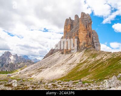 Drei Zinnen, Felsformation in den Dolomiten, Italien. Stockfoto