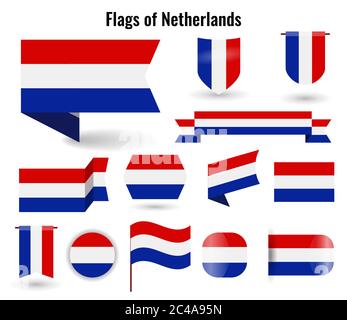 Eine große Reihe von Symbolen und Schildern mit der Flagge der Niederlande. Quadratische und runde niederländische Flagge. Sammlung von verschiedenen Arten von horizontalen und ve Stock Vektor