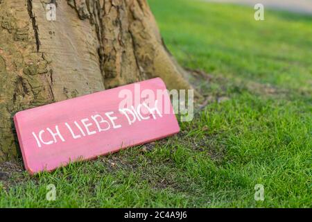 Rosa Schild am Fuß eines Baumes mit der Aufschrift 'Ich liebe dich' Stockfoto