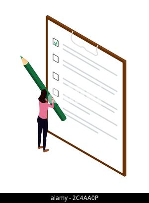 Check-Blatt mit einem grünen Häkchen und ein Mädchen mit einem Bleistift. Konzept der Genehmigung, soziologische Umfrage. Isometrische Checkliste Stock Vektor