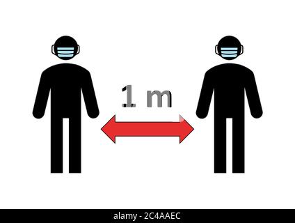 Symbol für die Entfernung zwischen 2 Personen zur Vermeidung der Covid-19-Ansteckung während der Coronavirus-Pandemie 2020 (1 Meter). Das Tragen einer Gesichtsmaske ist obligatorisch. Stockfoto