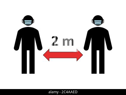 Symbol für die Entfernung zwischen 2 Personen zur Vermeidung der Covid-19-Ansteckung während der Coronavirus-Pandemie 2020 (2 Meter). Das Tragen einer Gesichtsmaske ist obligatorisch. Stockfoto