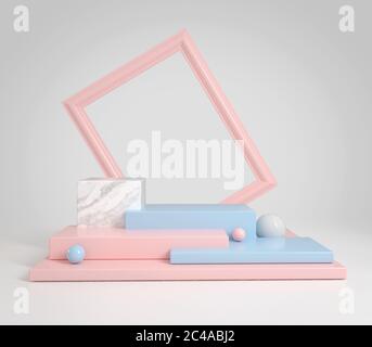 Abstrakte Anzeige sauber pastellblau und rosa mit Rahmen für Text oder Produkte, 3d-Illustration Stockfoto