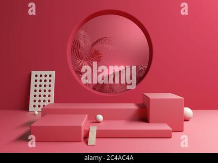 Abstrakte Rosafarbene rosafarbene Display-Produkte mit tropischem Hintergrund, 3d-Illustration Stockfoto