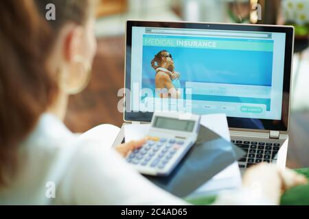 Von hinten gesehen Frau zu Hause am sonnigen Tag Wahl Krankenversicherung digital auf einem Laptop. Stockfoto