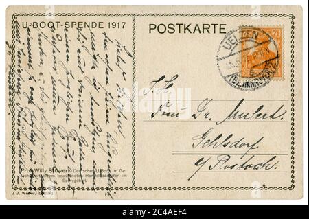 Rückseite einer deutschen historischen Postkarte: Handgeschriebener Text in Tinte, 7,5 Seiten Valkyrie Briefmarke mit Abstempelung, 1917 Stockfoto