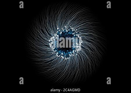 Abstraktes 3D-Augen-Vision-Konzept, blauer abstrakter fraktaler Hintergrund, Augenbildungshintergrund. Stockfoto