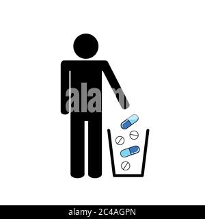 Der Mensch wirft Tabletten in den Papierkorb Vektorgrafik EPS10 Stock Vektor