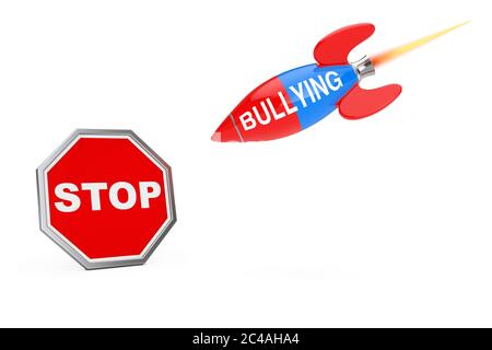 Mobbing-Konzept Stoppen. Stop Sign Shield mit Mobbing Sign Rocket auf weißem Hintergrund. 3d-Rendering Stockfoto