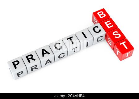 Best Practice Zeichen als Kreuzworträtsel Würfel Blöcke auf weißem Hintergrund. 3d-Rendering Stockfoto