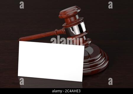 Beurteilen Sie Gavel und Sound Block mit Blank Paper für Ihr Design auf einem Holztisch. 3d-Rendering Stockfoto