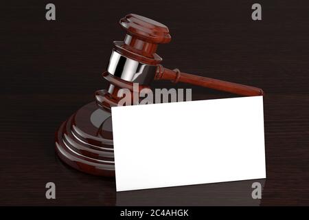 Beurteilen Sie Gavel und Sound Block mit Blank Paper für Ihr Design auf einem Holztisch. 3d-Rendering Stockfoto