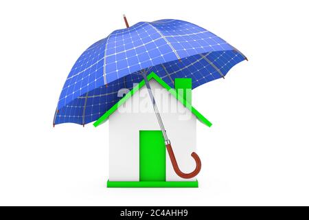 Regenschirm mit Sollar Panels über Haus auf weißem Hintergrund 3d Rendering Stockfoto