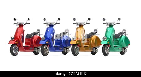 Mehrfarbige Classic Vintage Retro oder Elektro-Scooter auf weißem Hintergrund 3d Rendering Stockfoto