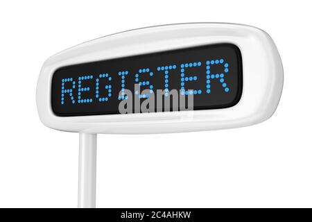 Abstraktes Kassendisplay Anzeige des Registers Blaues Zeichen auf weißem Hintergrund 3d-Rendering Stockfoto