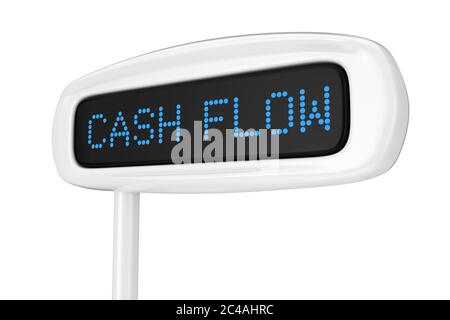 Abstrakte Kassenanzeige zeigt Cash Flow Blue Sign auf weißem Hintergrund 3d Rendering an Stockfoto