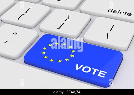 Blaue Abstimmtaste mit europäischer Flagge auf einer weißen PC-Tastatur extreme Nahaufnahme. 3d-Rendering Stockfoto