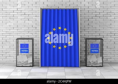 Wahlurnen in der Nähe von White Voting Booth mit Vorhang und EU-Flagge шт vor Backsteinmauer. 3d-Rendering Stockfoto