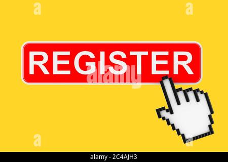 Registrieren-Taste mit Pixel-Symbol-Hand auf gelbem Hintergrund. 3d-Rendering Stockfoto