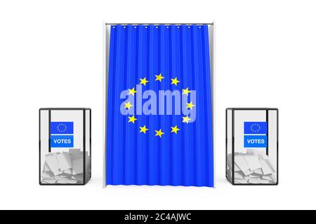 Wahlurnen in der Nähe des Weißen Wahlkabinen mit Vorhang und EU-Flagge auf weißem Hintergrund. 3d-Rendering Stockfoto