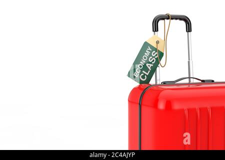 Roter Koffer mit Handgepäck Flug Economy Class Tag Label auf weißem Hintergrund. 3d-Rendering Stockfoto