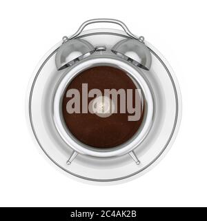 Kaffeepause-Konzept. Kaffeebecher als Wecker mit Platte auf weißem Hintergrund 3d Rendering Stockfoto