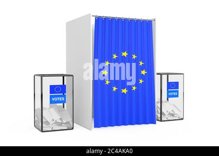 Wahlurnen in der Nähe des Weißen Wahlkabinen mit Vorhang und EU-Flagge auf weißem Hintergrund. 3d-Rendering Stockfoto