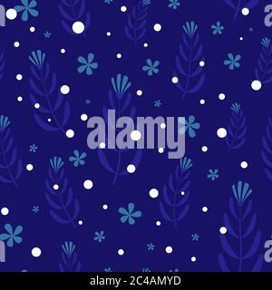 Abstraktes, florales Nahtmuster. Blätter und Blumen auf sattem blauen Hintergrund. Vektorgrafik. Stock Vektor