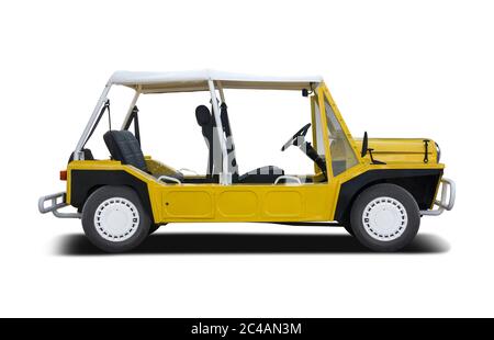 Gelb Mini Moke Auto Seitenansicht isoliert auf weiß Stockfoto