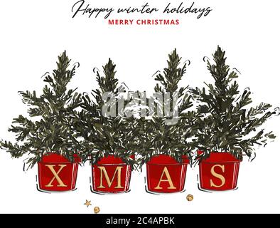 Weihnachten handgezeichnete Winterbäume und goldene Buchstaben Xmas Design. Moderne trendige Feiertagsdekoration, dezember Illustration. Schriftzug-Verzierungen. Stock Vektor