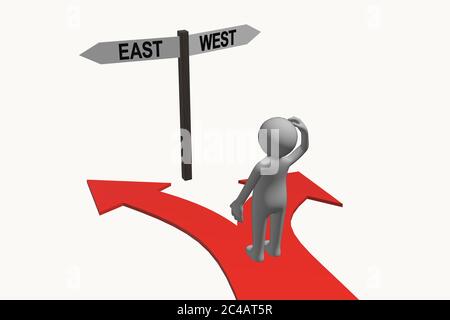 Anonymer 3D-Charakter, der an einer Kreuzung steht und versucht, eine Entscheidung/Wahl über Ost oder West, Wahl/Änderung/Richtungsmangel zu treffen Stockfoto