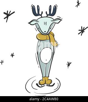 Kindisch Skating Hirsch Cartoon mit Schneeflocken Kindergarten Illustration Skizze. Kreative Winter Weihnachten skandinavischen Stil Kinder Kunst für Stoff, Verpackung, Stock Vektor