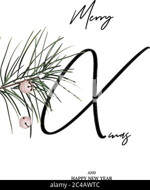 Fröhliche Weihnachten minimalistische Karte mit Kiefer Zweig und Jingle Glocken. Modernes Weihnachtsdesign, frohe Winterferien Grußkarte. Stock Vektor