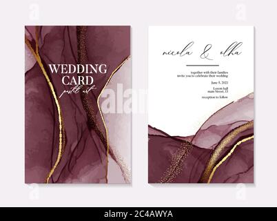 Hochzeit Burgunder Aquarell Formen, dunkelrot flüssigen Fluss mit goldenen Glitzer Linee und funkelt verziert, schöne Urlaubseinladung, minimal Kunst, Stock Vektor